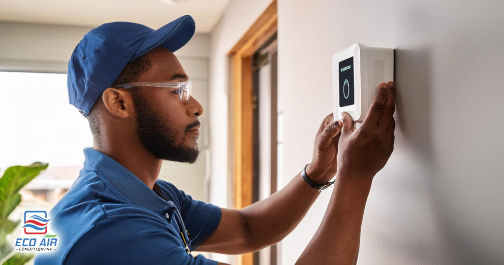 technician installation smart thermostat on wall in home